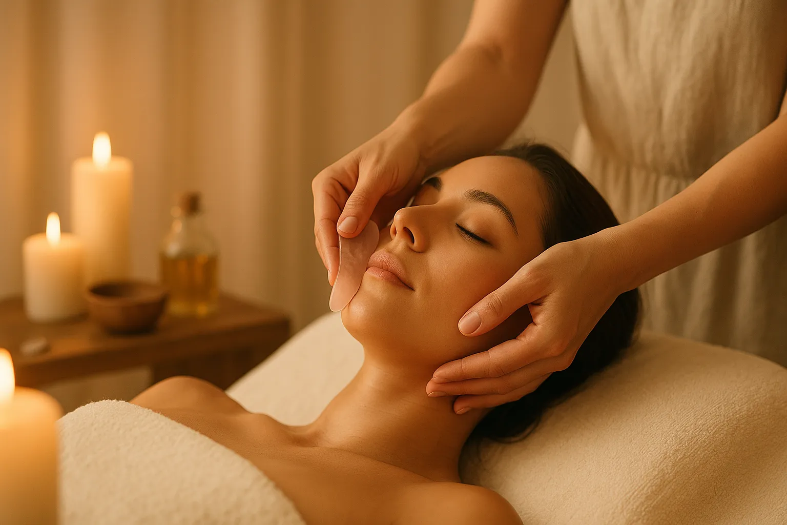Woman having Gua Sha facial massage
