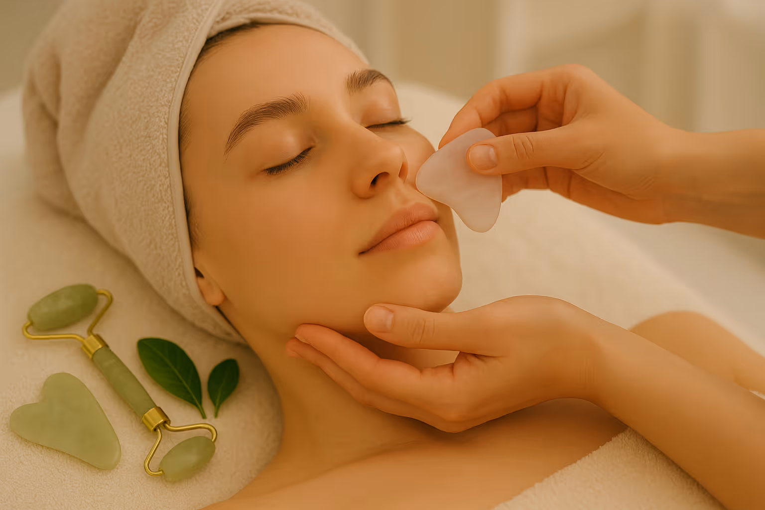 Woman having Gua Sha Facial Massage with tools