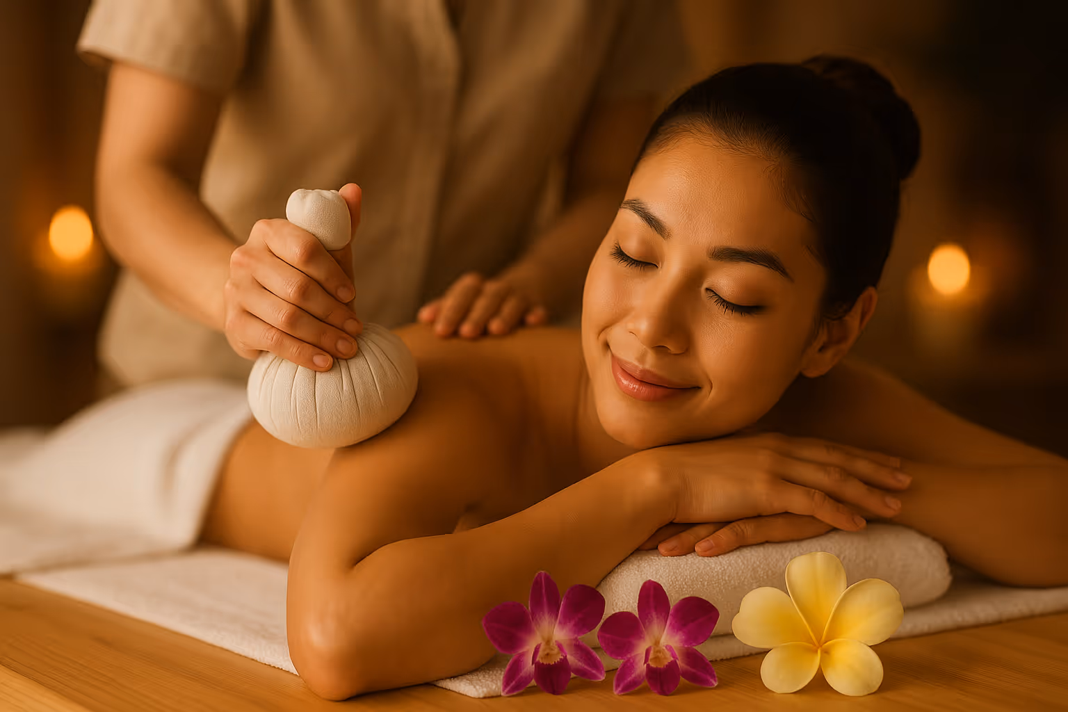 Woman having a Thai Herbal Compress Massage