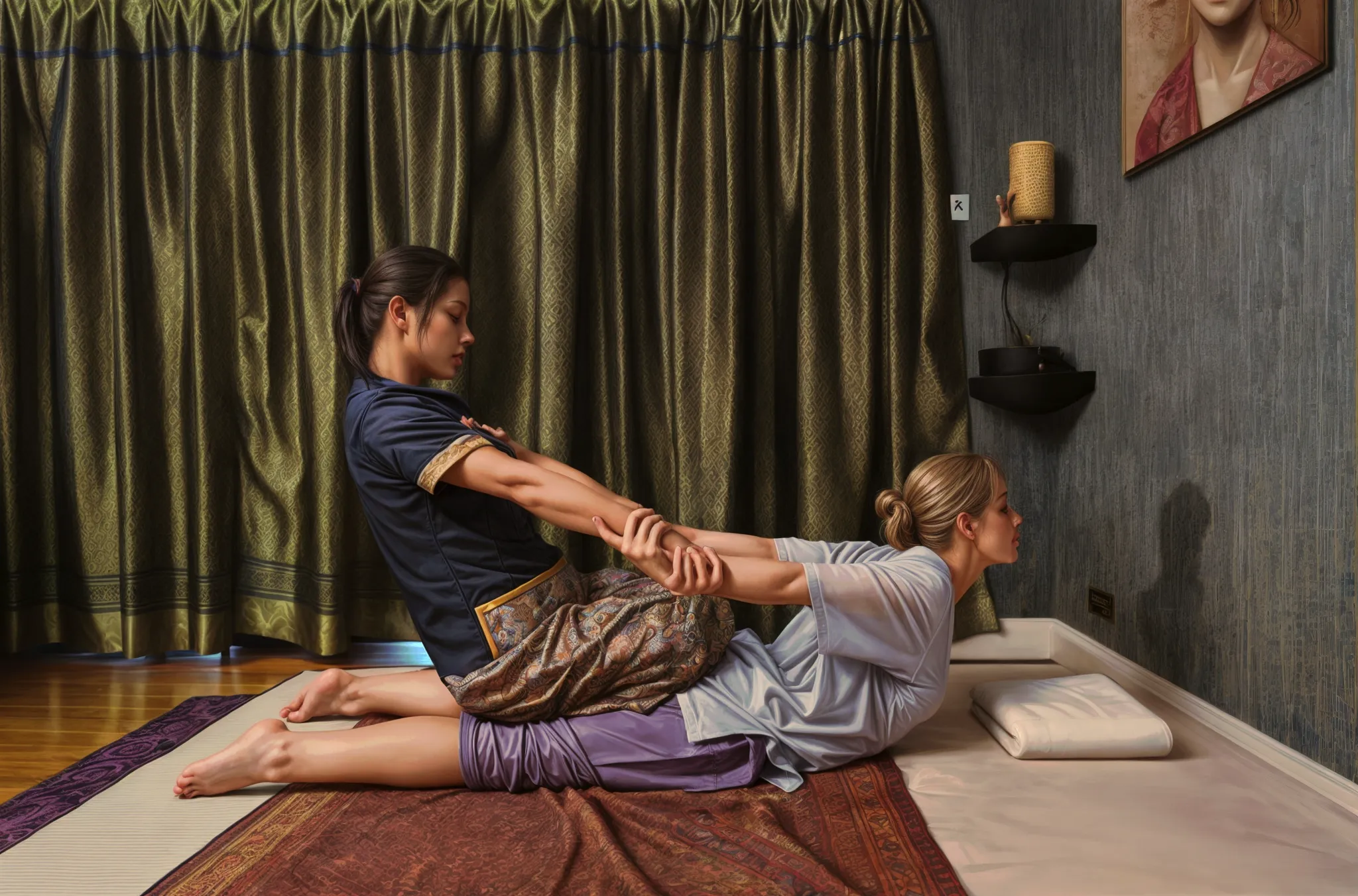A therapist kneels on a client stretching the client's arms behind and lifting her body